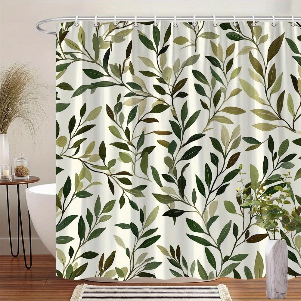 

Занавеска для душа «Лиственные ветви» - Ботанический дизайн в зеленых и коричневых тонах, Фон светло-кремовый, 12 крючков, Машинная стирка, Декор для ванной 90x180cm