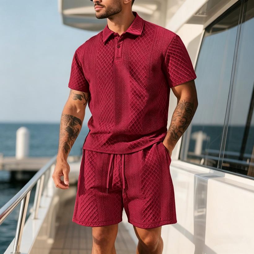2026 Summer Fashion Sports Style Short Two Piece Set Men's Casual Solid Color Jacquard Short Sleeves Pullover POLO Shirt Shorts 2 Piece Sets