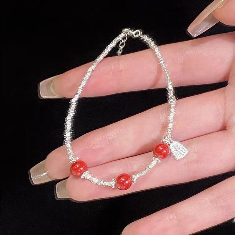 New Chinese S925 Sterling Silver Peace & Joy Bracelet with Crushed Silver & Cinnabar Design