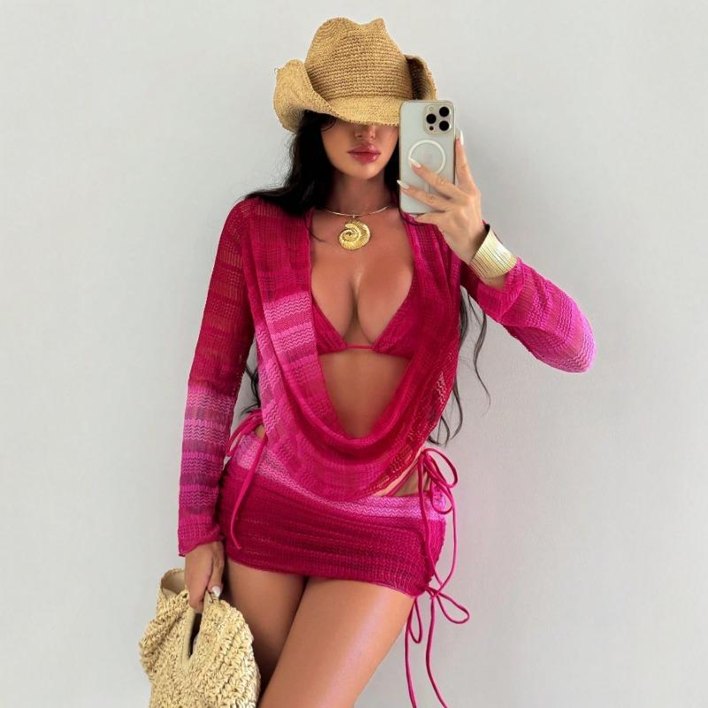 Women Tie Dye Gradient Print Long Sleeve Mesh Beach Dress Sexy Bikini Four Piece Swimsuit S