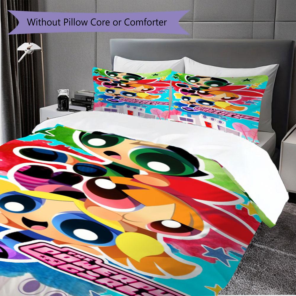 Cartoon Powerpuff Girls print children's duvet cover set, soft and skin-friendly, available in multiple sizes, bedroom bedding.