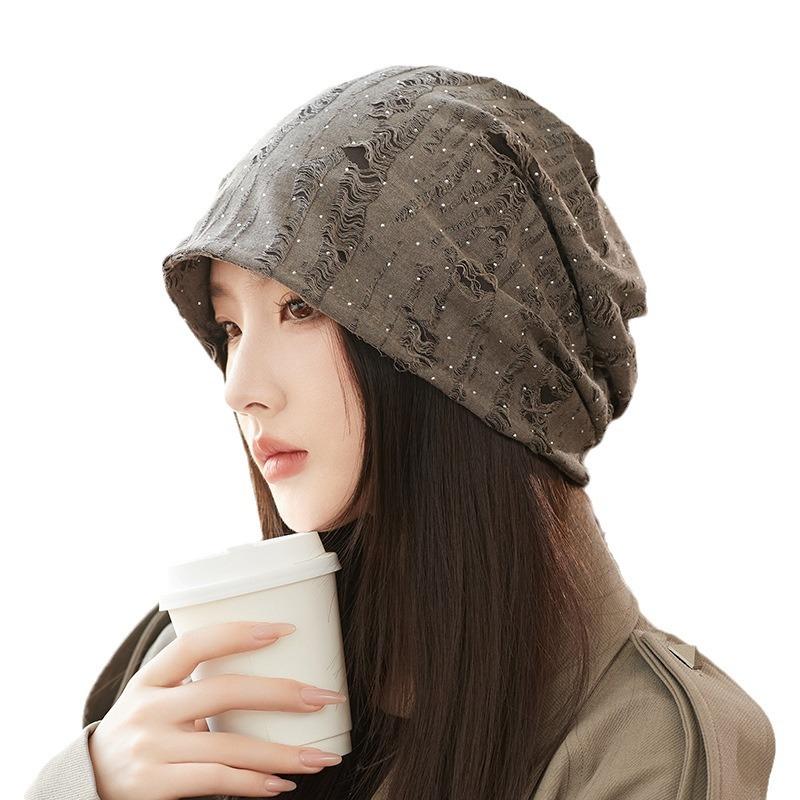 Pile Pile Hat Spring Autumn Hat Women's Shiny Silk Early Autumn Thin Style Big Head Circumference Baotou Hat Versatile Hat