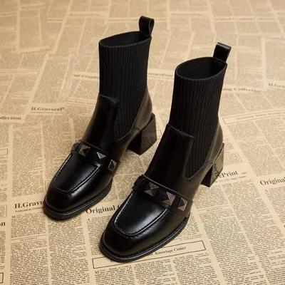 Women's Shoes 2024 Ankle Women's Boots Elegant Modern Boots Women Knitted Slip On Round Toe Chunky Heels Rivet Ladies Shoes
