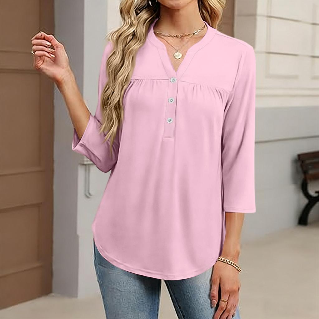 Women's Fashionable Casual Color V-Neck Decorative Button Three-Quarter Sleeve T-Shirt Top