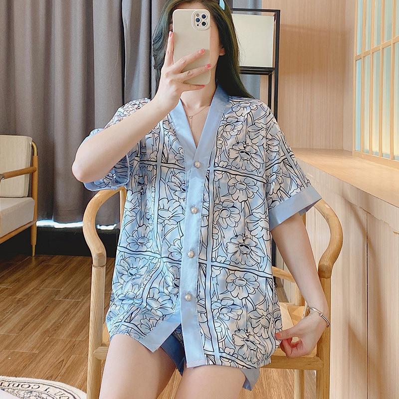 

Женский шелковый атласный пижамный комплект из двух частей, домашняя одежда, пижама на пуговицах, женская домашняя одежда, шорты, комплект, женская сексуальная ночная одежда 3XL(75-85kg)