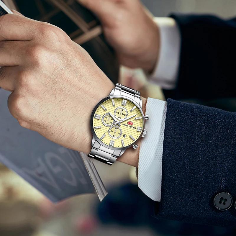 Luxury Men Quartz Watch Chronograph 24H Display Calendar Date Luminous Pointer Stainless Steel Strap Wristwatch
