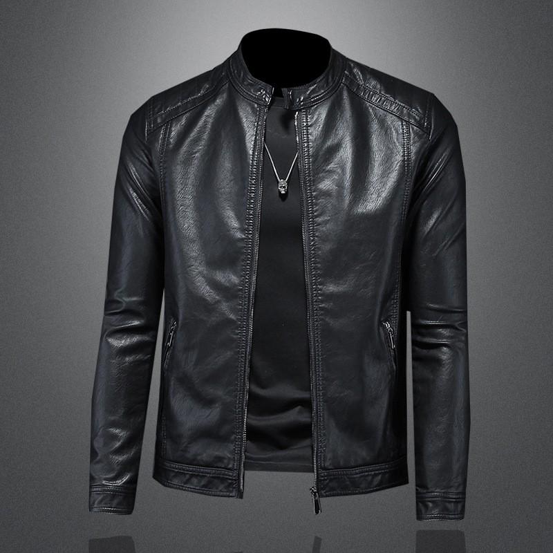 Mens PU Leather Biker Jacket With Stand Collar Slim Fit Casual Outerwear