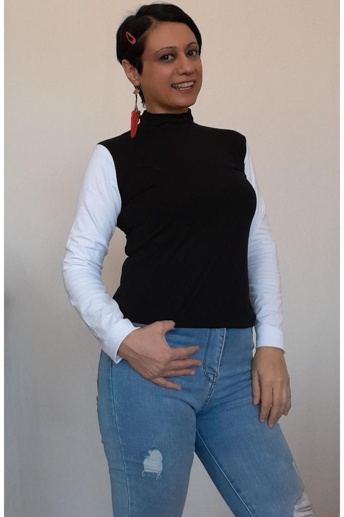 Women's Style Big Size T-Shirt Black Half Turtleneck Combed Cotton Viscose T-Shirt With White Color Block On Sleeves