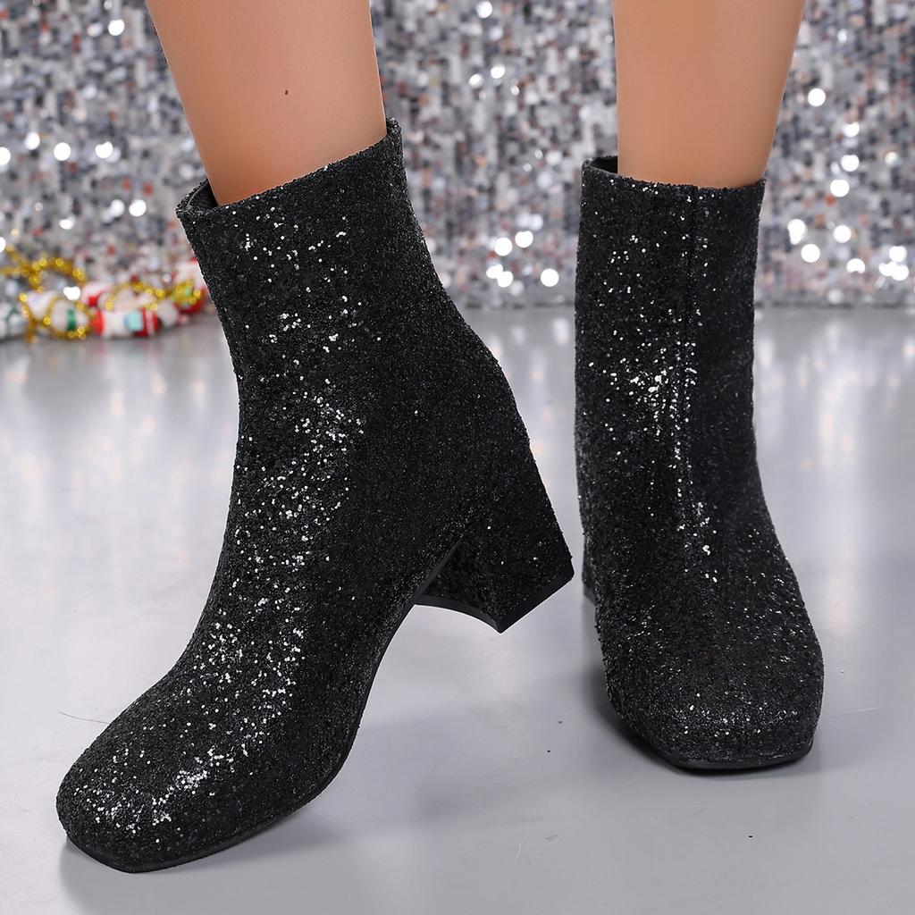 Fashion Women Botas De Mujer 2025 New Fashion Sequins Round Toe Ankle Boots Women Boots Women Autumn Winter Party Chunky Heels Shoes