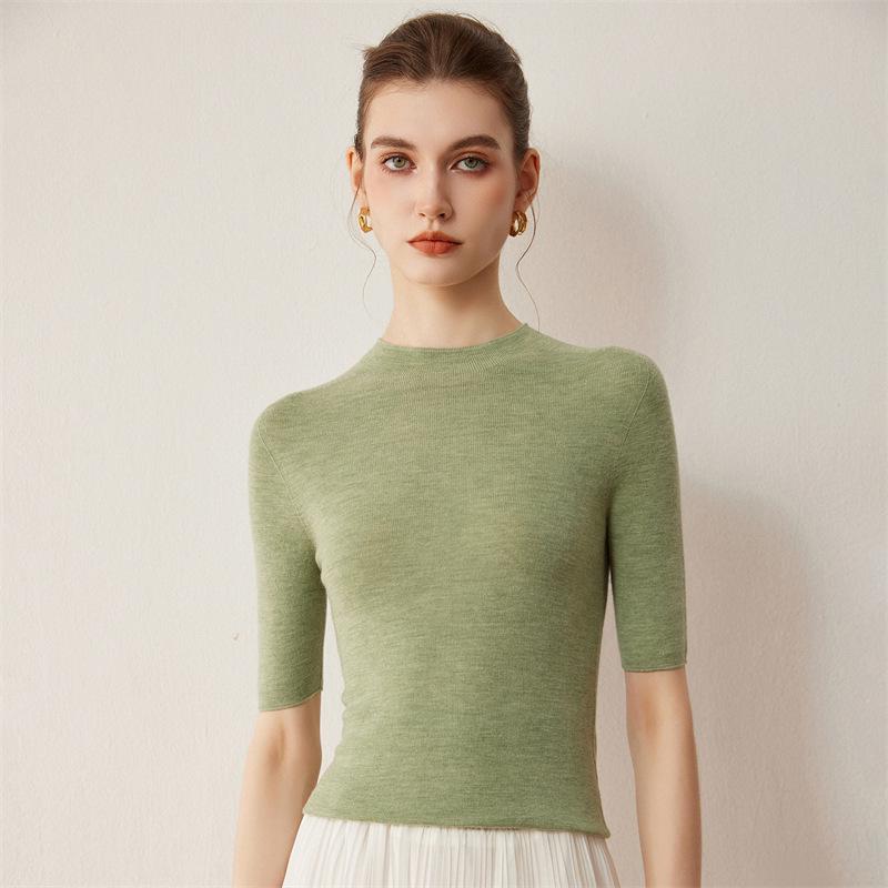 Solid Color Slimming Five-Sleeve Half-High Collar Base Layer Knit Top