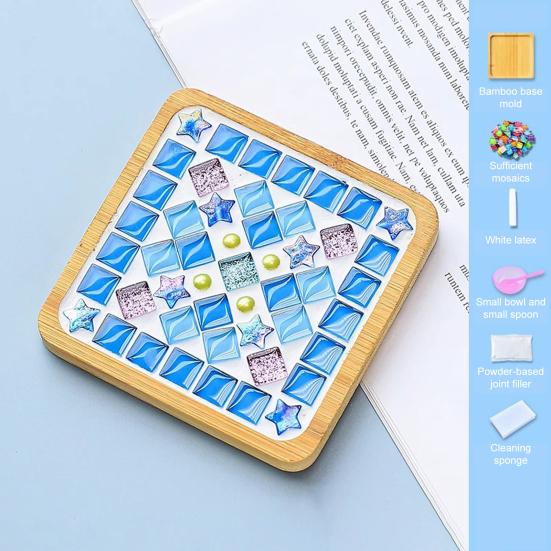 DIY Glass Mosaic Tile Coaster Set Mixed Color Mosaic Kit with Wooden Coaster Kids Adults Handmade Mosaic Crafts Coaster with Accessories