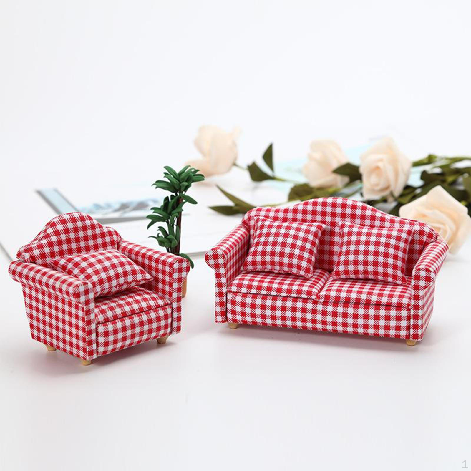 

Dollhouse Sofa Red-and-White Checked Armchair 1:12 Miniature Furniture