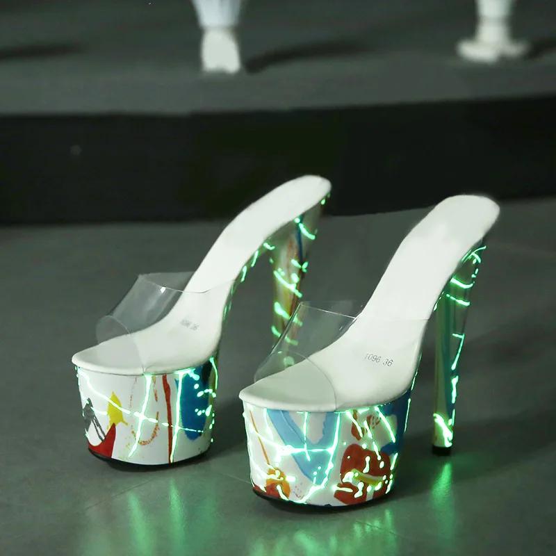 Fashion Designer 20CM Hentian High Nightclub High Heel Shoes Fluorescent Sandals Women's Shoes Walking Show Steel Pipe Dance Shoes