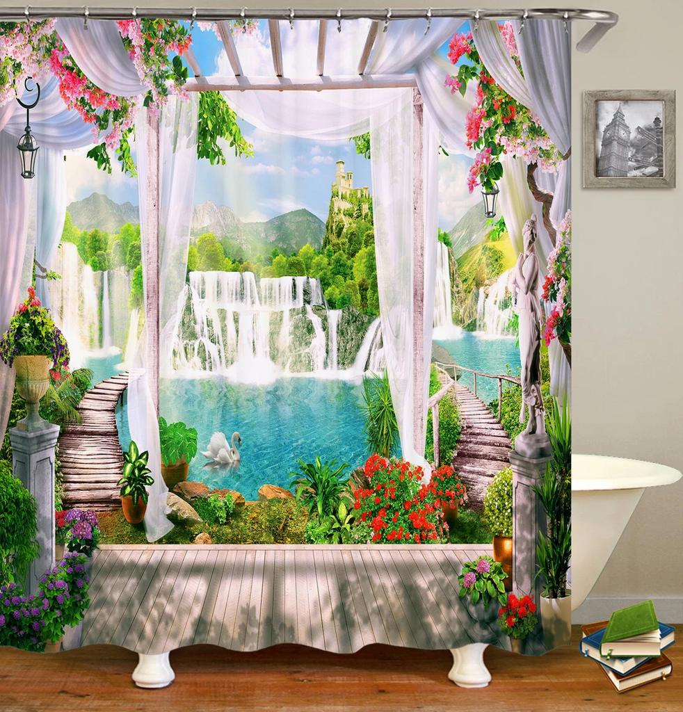 Badrum Vattentät Duschdraperi Polyester 3D Berg Trädgård Havssida Vacker Blomma Landskapstryck Hemdekoration Draperi