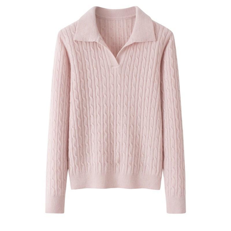 

Women s 100% Pure Cashmere Cable Knit Pullover with Small Turn-Down Collar – 2025 Fashion Sweater L розовый