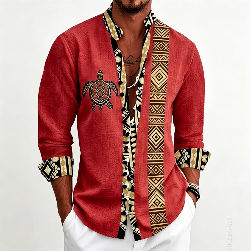 Men's Standing Collar Long Sleeved Shirt with Turtle Ethnic Geometric Pattern Printed Breathable Outdoor Casual Men's Top