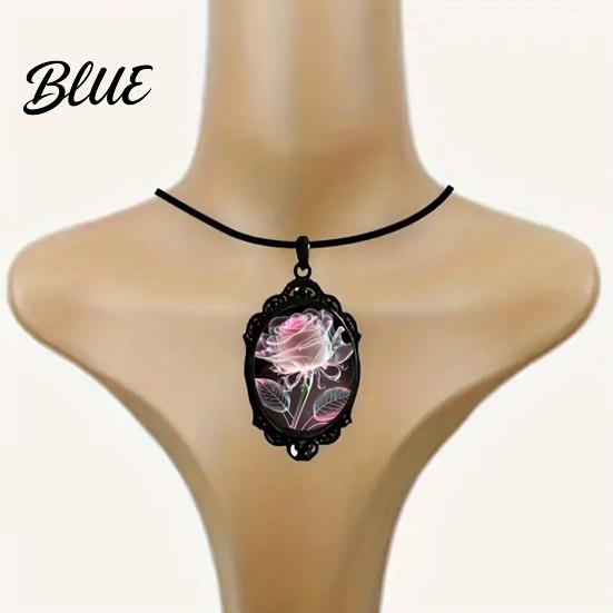 Rose Necklace Black Gothic Vintage Floral Glass Pendant Stylish Dark