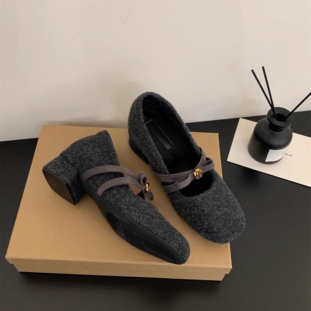 Inner height increase thick heel gray fluffy shoes female winter Korean version fairy Mary Jane shoes velvet warm cotton shoes