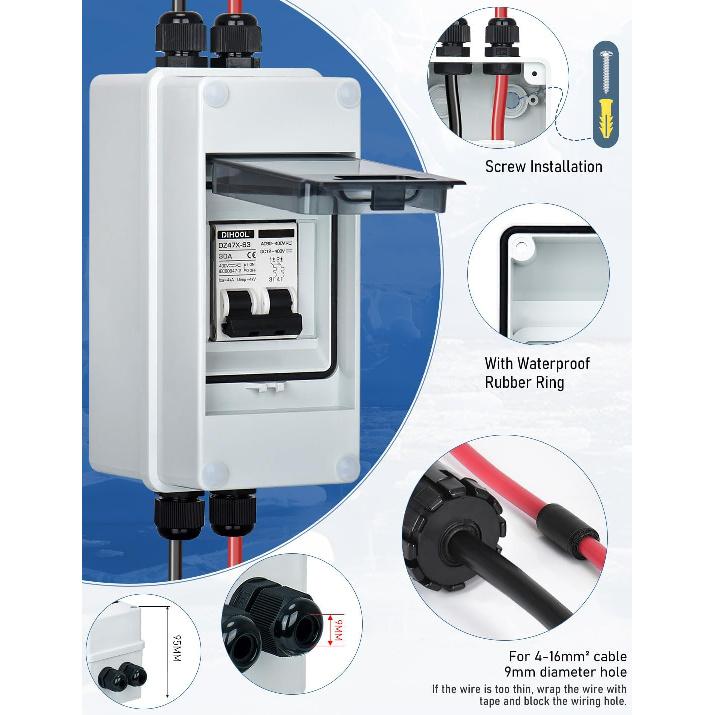 DIHOOL AC DC Circuit Breaker with IP65 Din Box for Solar Systems, 30 Amp 2 Pole 12V-400V, Non Polarized, Solar Panel Disconnect Switch, PV Array Shut