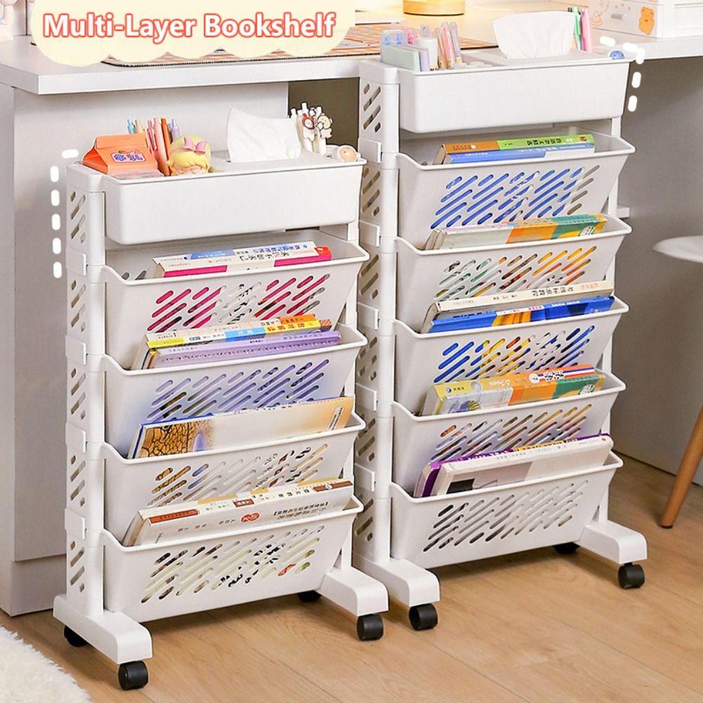 Movable Multi-Layer Bookshelf 5/6 Layers Table Side Storage Basket  Bookstore