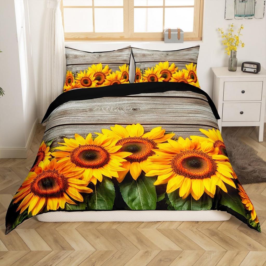 Feelyou Sunflower Duvet Cover Botanical Floral Printed Bedding Set for Kids Women Adults Yellow Blossom Flowers Comforter Cover Wooden Scene