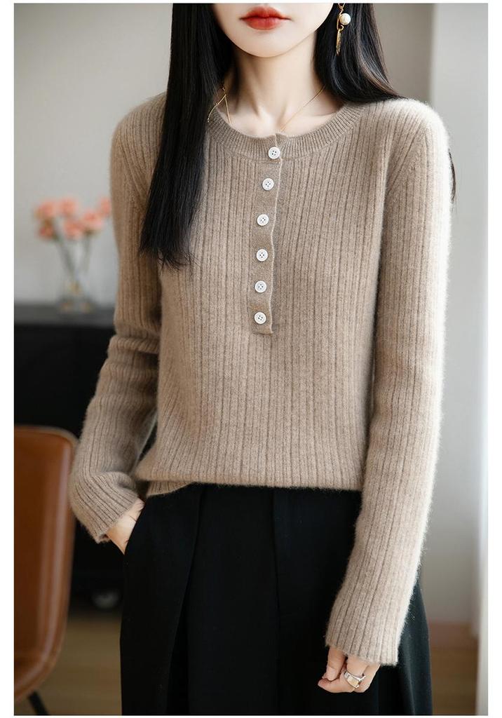 Women's Pure Wool Round Neck Knitwear – Long Sleeve Solid Color Button-Down Loose Top