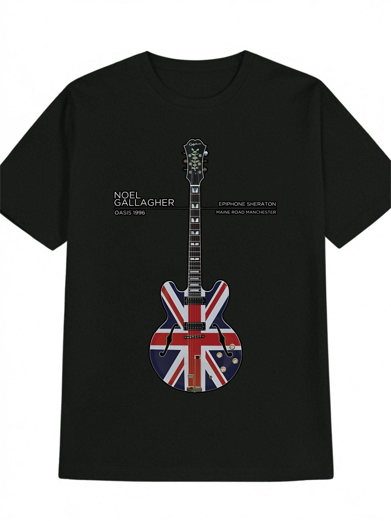 Black British Union Jack Electric Guitar Graphic T-shirt - Tee with UK Flag Design S