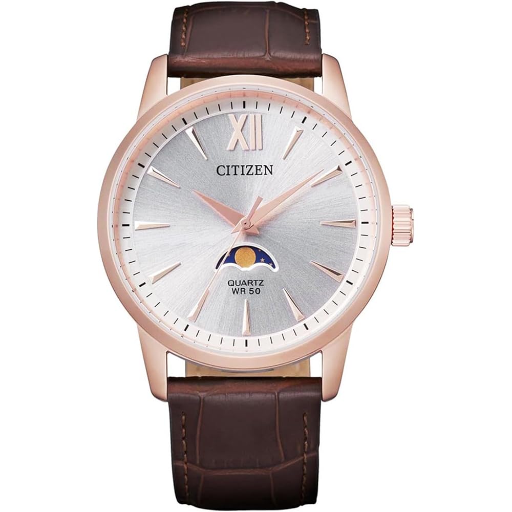 Citizen Quartz Moon Phase Analog Watch 50M Water Resistant Brown Leather Band Unisex