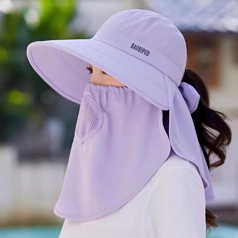 Full face sunscreen large brim shawl sun hat women's neck protector integrated UV protection bucket hat ponytail hat