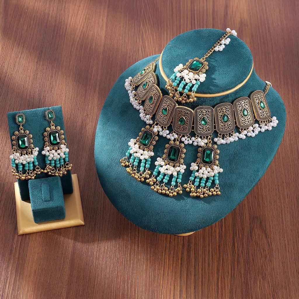 Indian Bridal Jewelry Set Choker Necklace Jhumka Earrings Maang Tikka Vintage Crystal Beads Bohemian Ethnic Women Wedding Costume Accessories