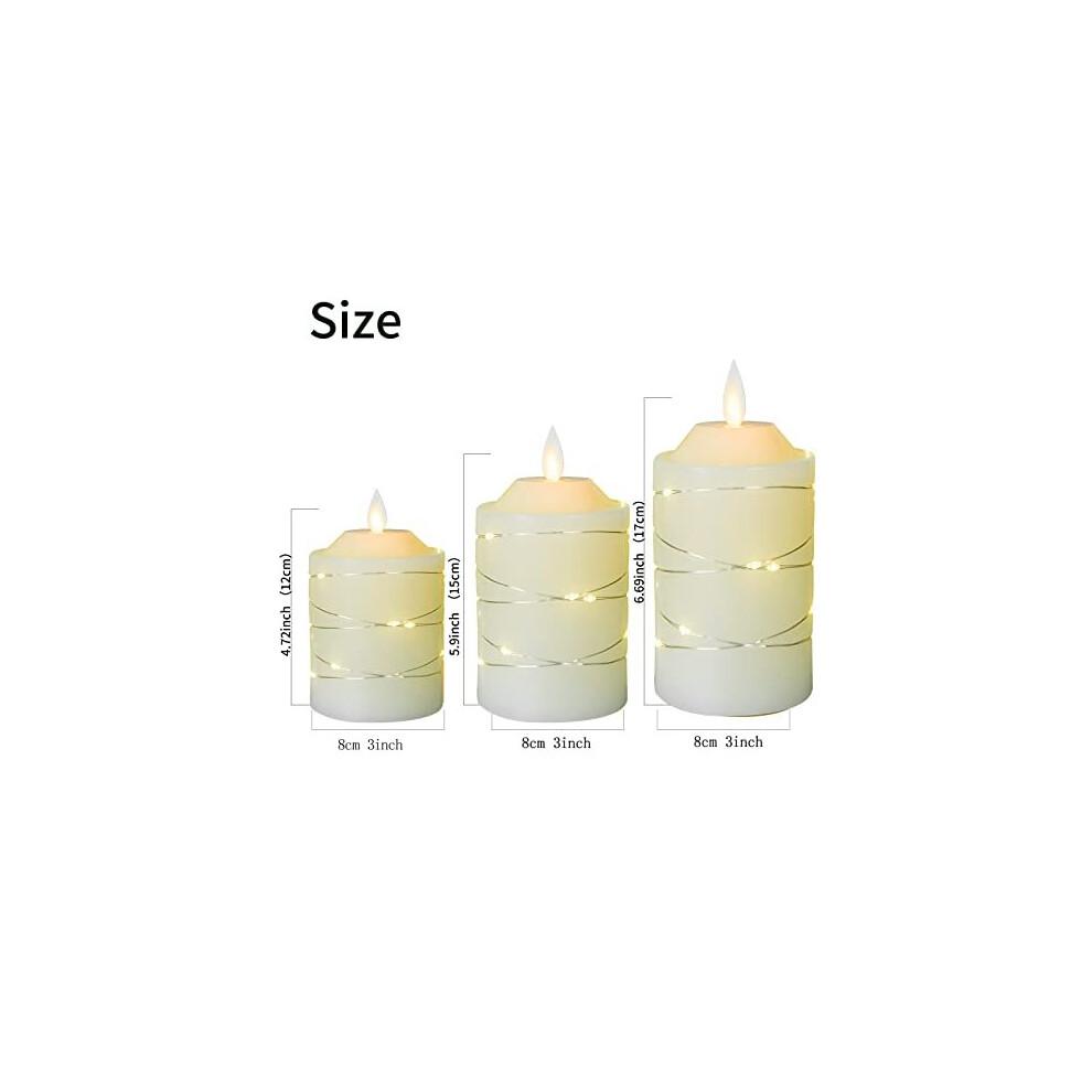 Battery Operated Led Flameless Candles :with Embedded String Lights,3 Pack Ivory Flickering Electric Candle lamp ,with 10-Key Remote Control and Cycle
