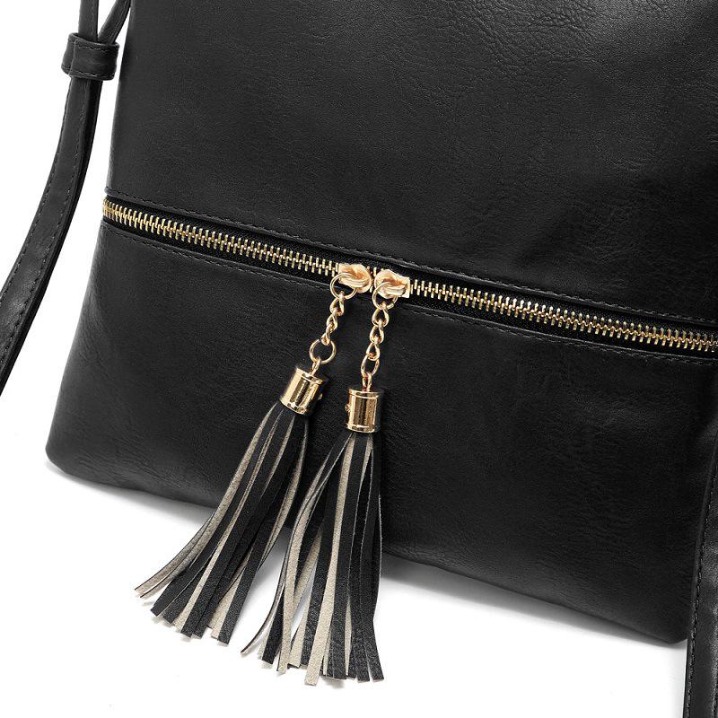 Women's Crossbody Shoulder Bag with Double Tassels and Front Pocket Zipper - In Stock and Trending