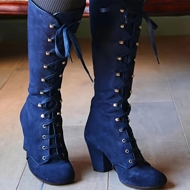 Γυναικείες Μπότες Μονόχρωμες με Χοντρό Τακούνι, Μόδα Μποτάκια Φορέματος με Κορδόνια, Γυναικείες Άνετες Μπότες Μέχρι το Γόνατο