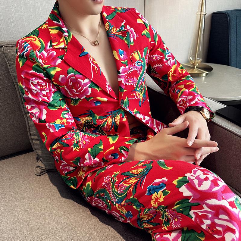 

Мужской пиджак этнического стиля больших размеров на весну/лето 2024, повседневный, с цветочным принтом XXXXL красный