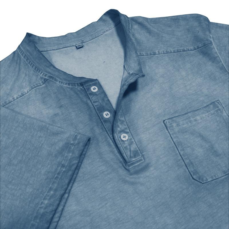 Men Black Washed Henley Neck Short Sleeve Chest Pocket Casual T Shirt