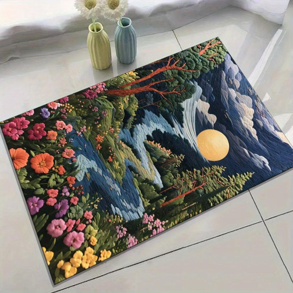Floral Landscape Polyester Area Rug - Streams & Flowers Design, Antiskid Crystal Velvet Carpet, Comfortable General-Purpose Floo