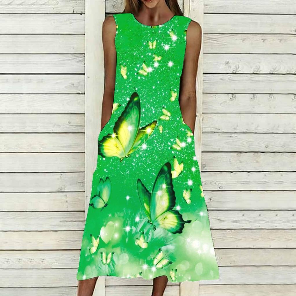Ladies Oversized Sleeveless Crew Neck Dress Gentle Watercolor Floral Clusters Loose Mid Length Gown