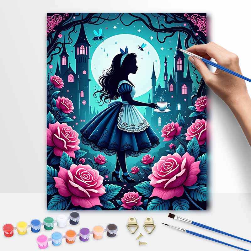 Disney oil painting digital painting art kit Alice in Wonderland fantasy castle pink roses handmade diy gifts home decorations 20x30cm