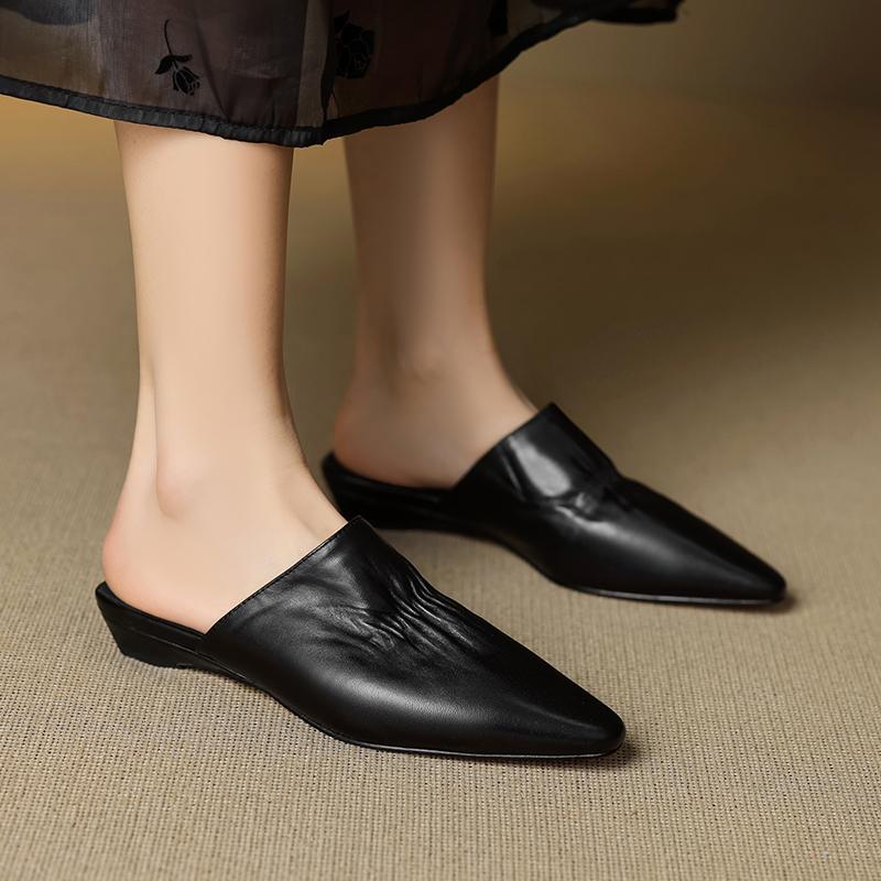Fashion 2025 Summer Women Shoes Square Toe Low-heel Shoes Slippers Retro Cowhide Leather Shoes for Women Casual Mules for Women Sandals
