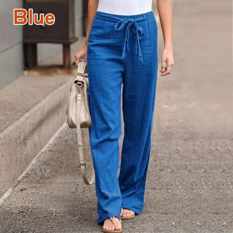 Women Casual Loose Elastic Waist Wide Leg Trousers Long Straight Pants Solid Autumn Polyester Cotton Comfortable