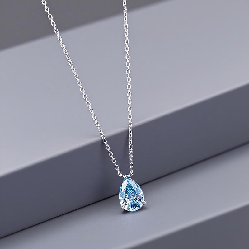 S925 Silver Sea Blue Teardrop Pendant with Pear-Shaped Diamond, Versatile European & American Style, 7*10, Commuting Drawstring Bead.