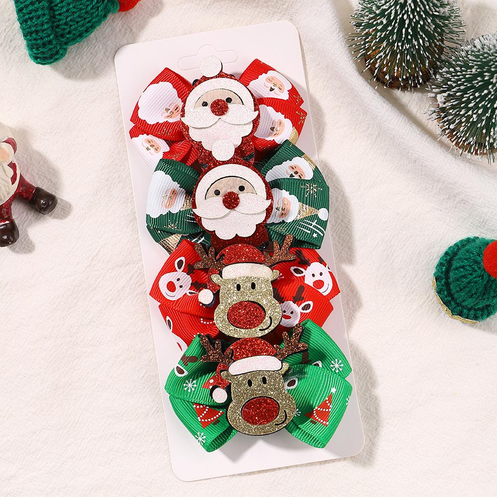 4pcs Christmas Hair Bow Clips for Baby Girls DIY Glitter X'mas Santa Elk Bowknot Hairpin Cute Kid Headwear Hair Accessories
