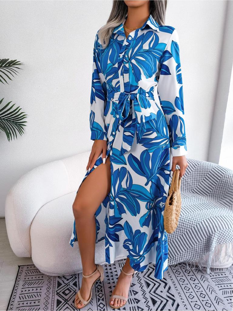 Abito Stampato con Colletto Revers Bottoni Vita Alta Elegante Abito Camicia per Donna Manica Lunga Abiti Ampi Abito Casual
