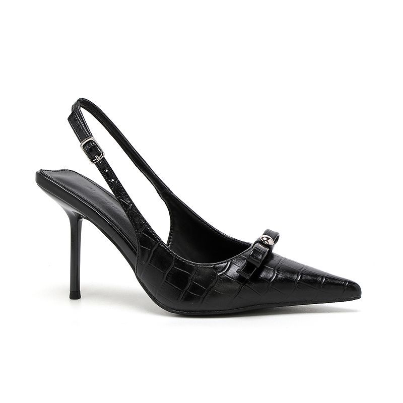 2025 spring and autumn new pointed head shallow mouth bow bag head sandals stiletto crocodile pattern black sexy high heels women