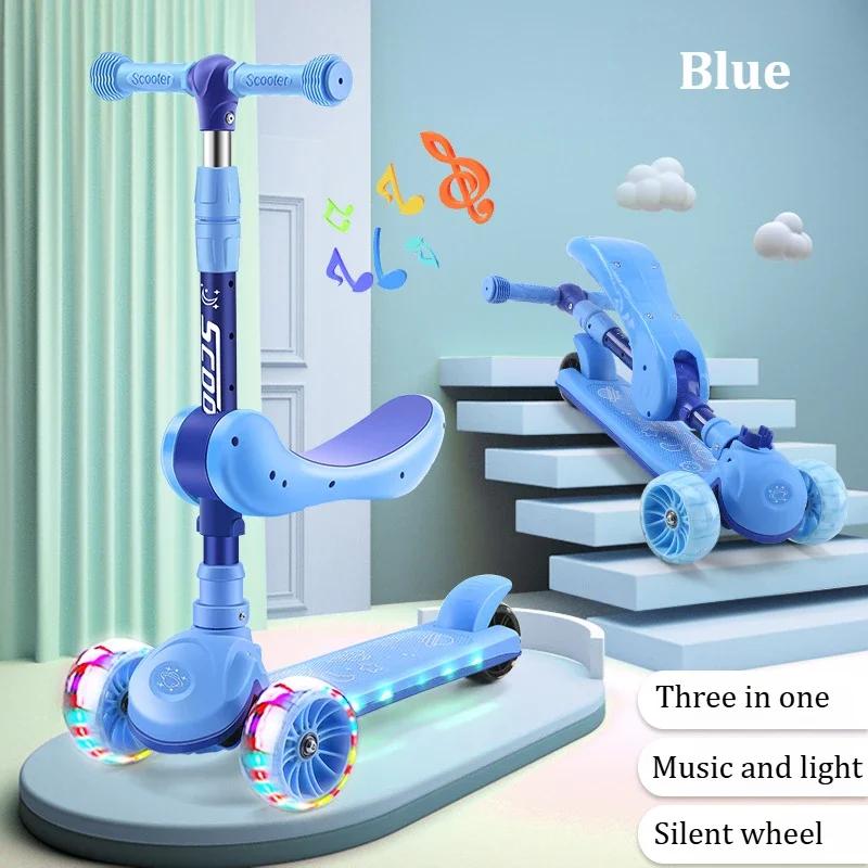 2-in-1 Kids Kick Scooter with LED Lighted Wheels Adjustable Height Wide Deck 3 Wheel Scooter Sit/Stand Child Toddler Outdoor Toy