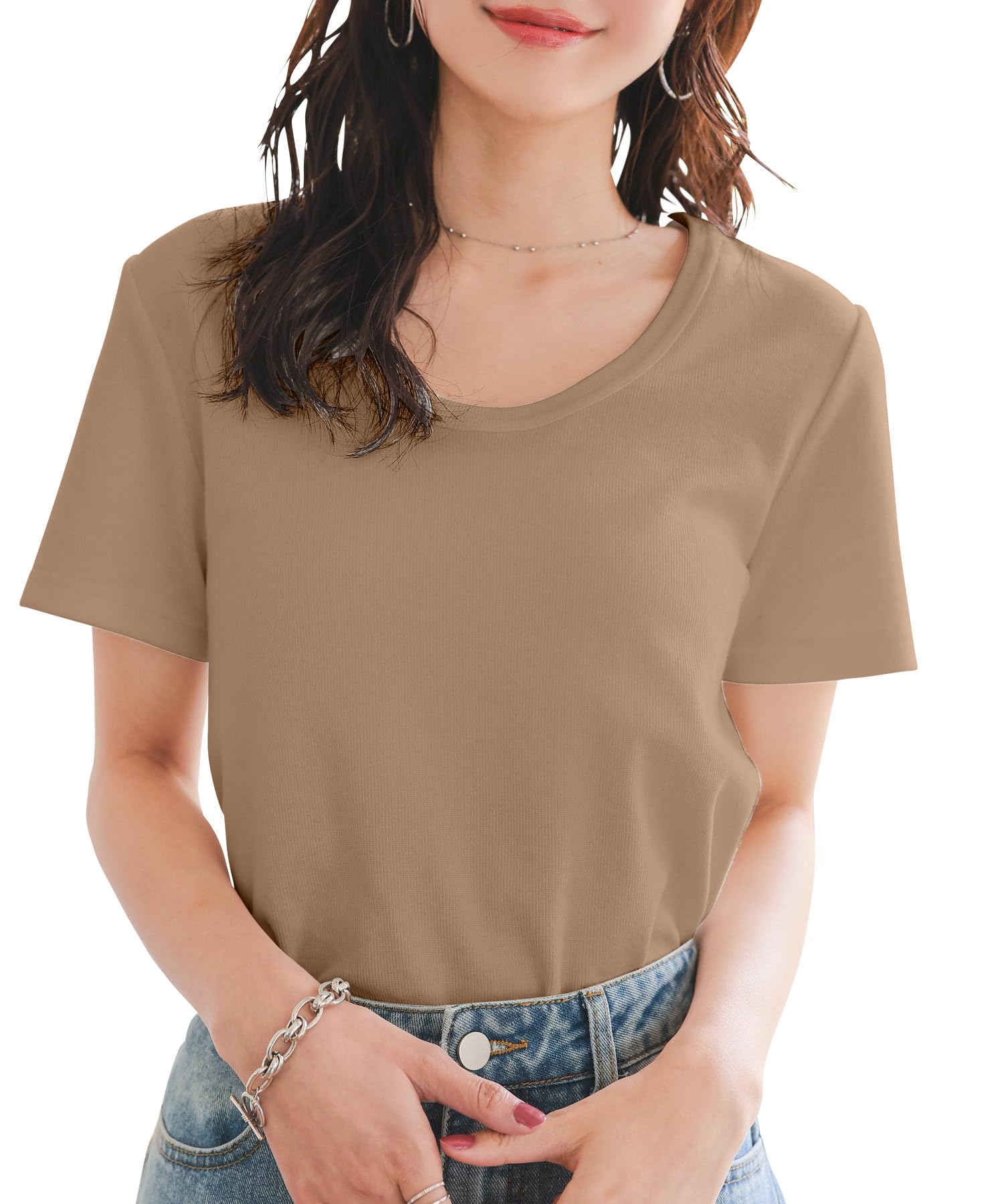 

Kobe Lettuce Women s Short Sleeve Ribbed T-Shirt, Summer/Spring Wear, Commuting, Office, Work, U-Neck, Boned Strap, Size M, Beige [C7463]