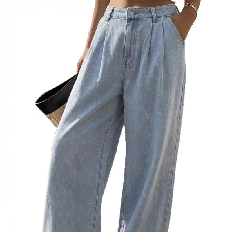 Light Blue Washed Pleated Wide Leg Jeans High Waist Loose Straight Trousers Women Streetwear 2026