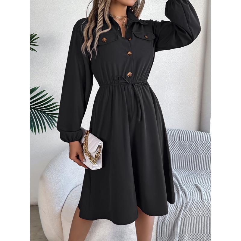 Casual Lace Up Waist Long Sleeve Solid A Line Shirt Dress For Women