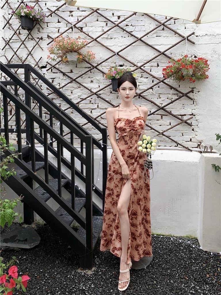 Elegantes französisches Blumenmuster Maxikleid - Sommer, rückenfrei, mit Schlitz und Spaghettiträgern, Trendig und sexy für Damen