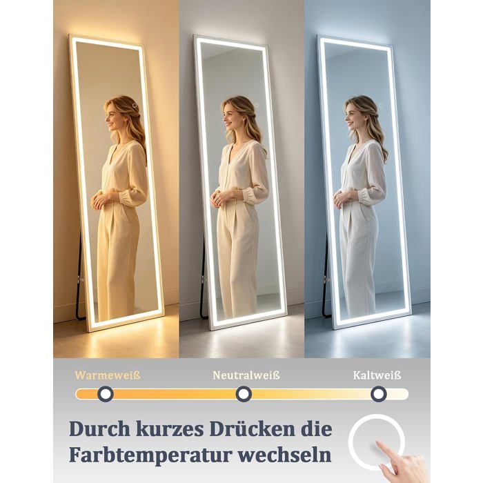 NETTLIFE Full-length Mirror with Integrated Lighting 160 Cm Freestanding/Wall Mount Clear Glass Sensitive Touch Sensor